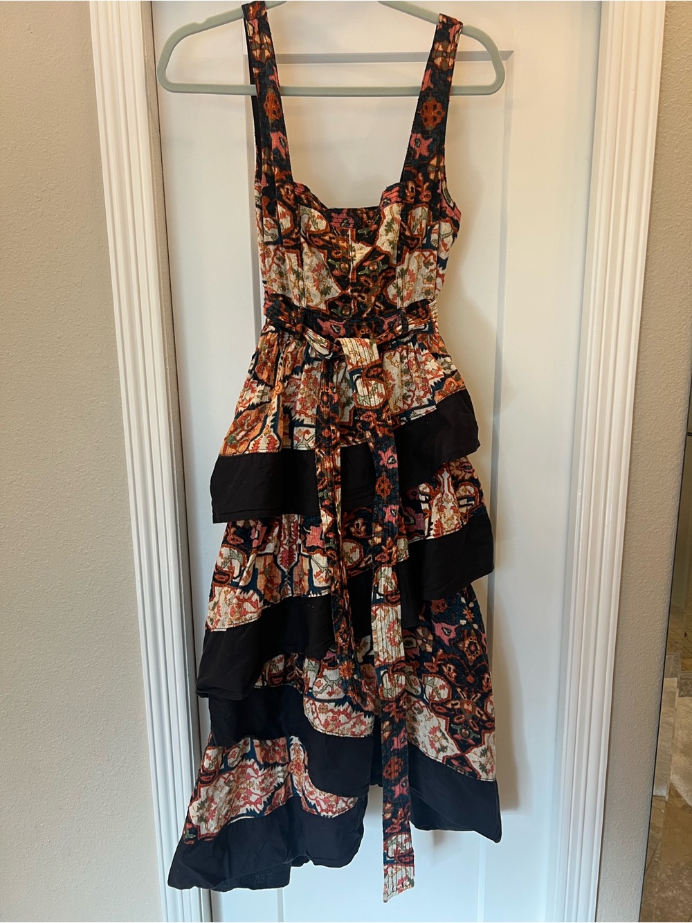 Anthropologie Black Floral Patchwork Tiered Midi Dress